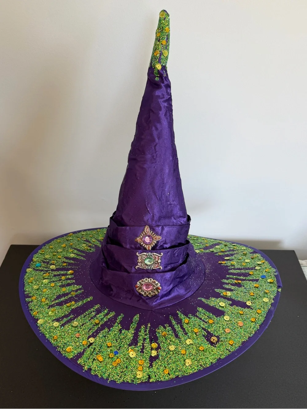 Witch Hat – wizard hat -Halloween -purple satin with Green glitter & jewels OS